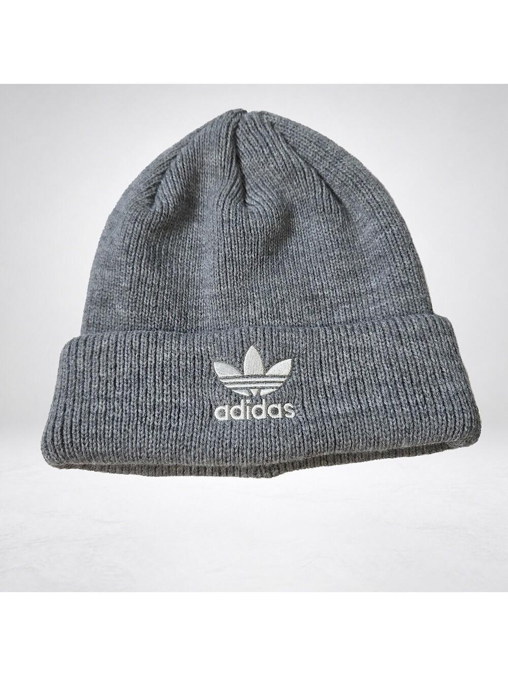 Adidas Originals Trefoil Logo Gray Ribbed Cuffed Knit Beanie Hat